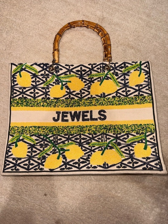 Lily & Bean Handbags - Lemon Pattern Bamboo Handle Tote Bag in Yellow and Black. Hand sewn beads